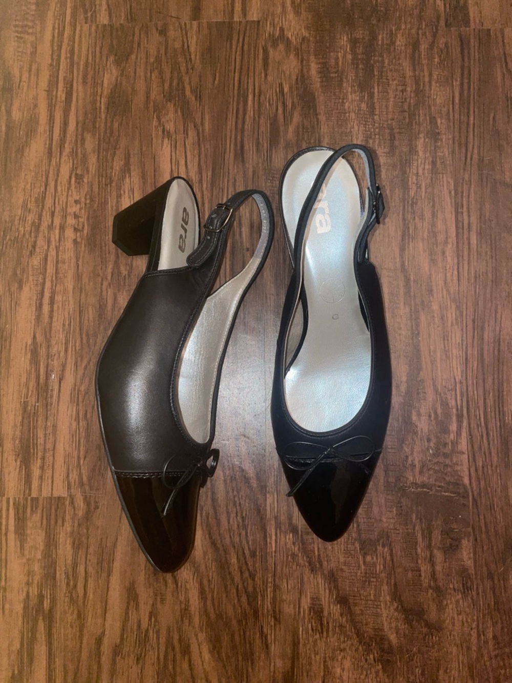 ARA Black Slingback Low Block Heel Pumps with Bow